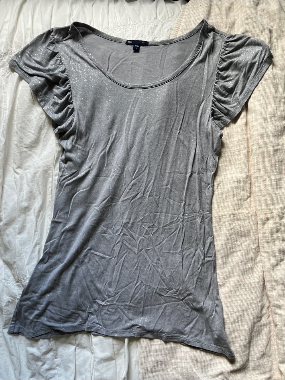 Metallic Scoop Neck Ruffle Sleeve Women's Top